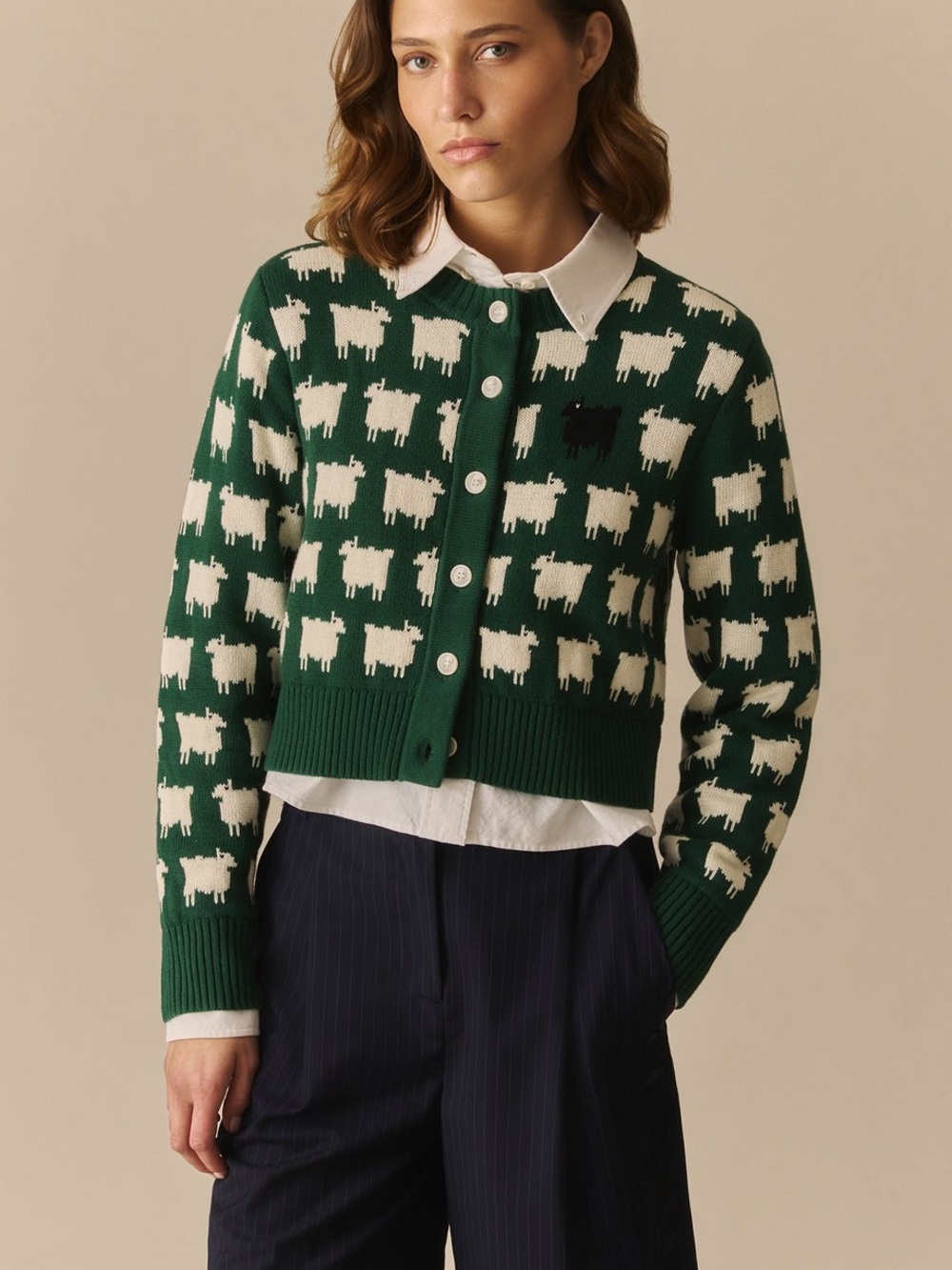 Warm& Wonderful Charlotte Cotton Cropped Sheep Cardigan Green, XS S M L XL